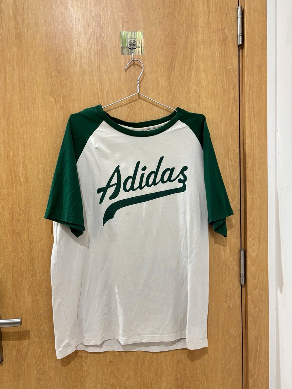 adidas White and Green Raglan Baseball Tee